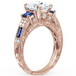 Load image into Gallery viewer, Kirk Kara Rose Gold &quot;Charlotte&quot; Blue Sapphire Diamond Three Stone Engagement Ring Angled Side View 
