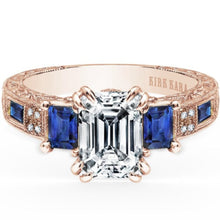 Load image into Gallery viewer, Kirk Kara Rose Gold &quot;Charlotte&quot; Blue Sapphire Diamond Three Stone Engagement Ring Front View
