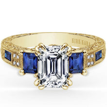 Load image into Gallery viewer, Kirk Kara Yellow Gold &quot;Charlotte&quot; Blue Sapphire Diamond Three Stone Engagement Ring Front View
