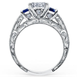 Kirk Kara White Gold "Charlotte" Blue Sapphire Diamond Three Stone Engagement Ring Side View