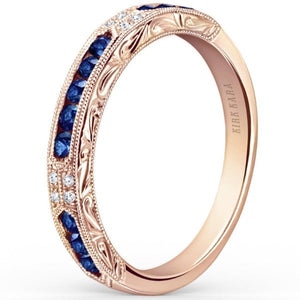 Kirk Kara Rose Gold "Charlotte" Blue Sapphire Diamond Wedding Band Angled Side View