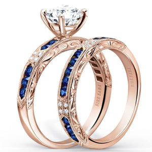 Kirk Kara Rose Gold "Charlotte" Blue Sapphire Diamond Engagement Ring Set Angled Side View 