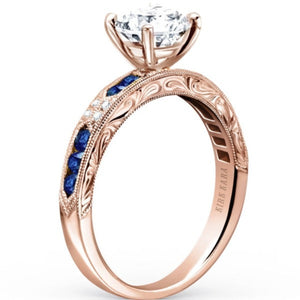 Kirk Kara Rose Gold "Charlotte" Blue Sapphire Diamond Engagement Ring Angled Side View