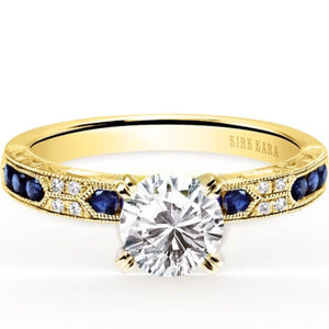 Kirk Kara Yellow Gold "Charlotte" Blue Sapphire Diamond Engagement Ring Front View