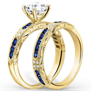 Kirk Kara Yellow Gold "Charlotte" Blue Sapphire Diamond Engagement Ring Set Angled Side View