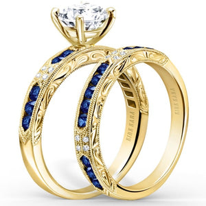 Kirk Kara Yellow Gold "Charlotte" Blue Sapphire Diamond Engagement Ring Angled Side View 