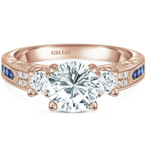 Kirk Kara Rose Gold "Charlotte" Three Stone Blue Sapphire Diamond Engagement Ring Front View