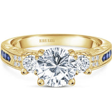 Load image into Gallery viewer, Kirk Kara Yellow Gold &quot;Charlotte&quot; Three Stone Blue Sapphire Diamond Engagement Ring Front View
