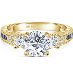 Kirk Kara Yellow Gold "Charlotte" Three Stone Blue Sapphire Diamond Engagement Ring Front View