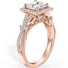Load image into Gallery viewer, Kirk Kara Rose Gold Pirouetta Large Princess Cut Halo Diamond Engagement Ring Angled Side View 

