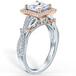 Load image into Gallery viewer, Kirk Kara White &amp; Rose Gold Pirouetta Large Princess Cut Halo Diamond Engagement Ring Angled Side View
