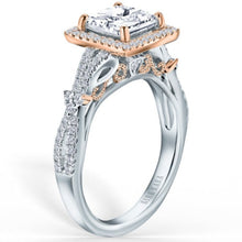 Load image into Gallery viewer, Kirk Kara White &amp; Rose Gold Pirouetta Large Princess Cut Halo Diamond Engagement Ring Angled Side View
