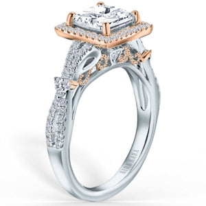 Kirk Kara White & Rose Gold Pirouetta Large Princess Cut Halo Diamond Engagement Ring Angled Side View
