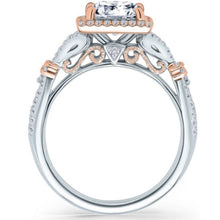 Load image into Gallery viewer, Kirk Kara White &amp; Rose Gold Pirouetta Large Princess Cut Halo Diamond Engagement Ring Side View
