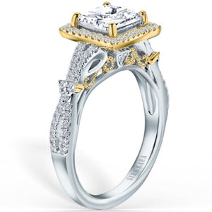 Kirk Kara White & Yellow Gold Pirouetta Large Princess Cut Halo Diamond Engagement Ring Angled Side View