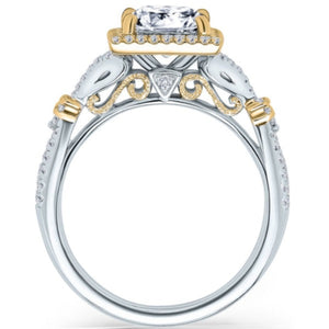 Kirk Kara White & Yellow Gold Pirouetta Large Princess Cut Halo Diamond Engagement Ring Side View 