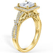 Load image into Gallery viewer, Kirk Kara Yellow Gold Pirouetta Large Princess Cut Halo Diamond Engagement Ring  Angled Side View 
