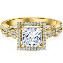 Load image into Gallery viewer, Kirk Kara Yellow Gold Pirouetta Large Princess Cut Halo Diamond Engagement Ring Front View
