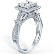 Load image into Gallery viewer, Kirk Kara White Gold Pirouetta Large Princess Cut Halo Diamond Engagement Ring Angled Side View
