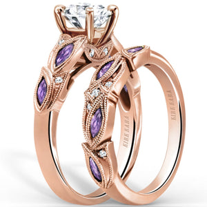 Kirk Kara Rose Gold "Dahlia" Purple Amethyst Marquise Leaf Shaped Wedding Band Angled Side View 