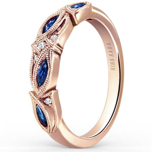Kirk Kara Rose Gold "Dahlia" Blue Sapphire Marquise Leaf Shaped Designed Wedding Band Angled Side View
