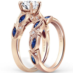 Kirk Kara Rose Gold "Dahlia" Blue Sapphire Marquise Leaf Shaped Designed Engagement Ring Set Angled Side View 