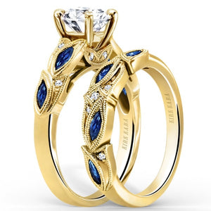Kirk Kara Yellow Gold "Dahlia" Blue Sapphire Marquise Leaf Shaped Designed Engagement Ring Set Angled Side View 