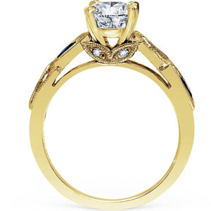 Kirk Kara Yellow Gold "Dahlia" Marquise Cut Blue Sapphire Diamond Engagement Ring Side View 