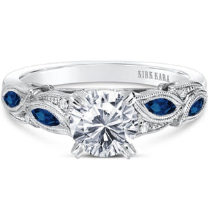 Kirk Kara White Gold "Dahlia" Marquise Cut Blue Sapphire Diamond Engagement Ring Front View 