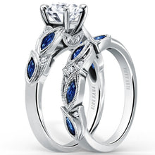 Load image into Gallery viewer, Kirk Kara White Gold &quot;Dahlia&quot; Blue Sapphire Marquise Leaf Shaped Designed Engagement Ring Set Angled Side View 
