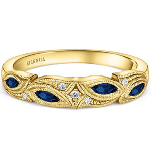 Kirk Kara Yellow Gold "Dahlia" Blue Sapphire Marquise Leaf Shaped Designed Wedding Band Front View 