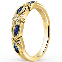 Load image into Gallery viewer, Kirk Kara Yellow Gold &quot;Dahlia&quot; Blue Sapphire Marquise Leaf Shaped Designed Wedding Band Angled Side View
