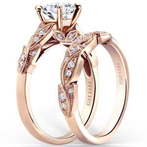 Kirk Kara Rose Gold "Dahlia" Leaf Diamond Engagement Ring Set Angled Side View