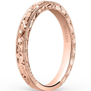 Kirk Kara Rose Gold "Stella" Scroll Engraved Milgrain Wedding Band Angled Side View