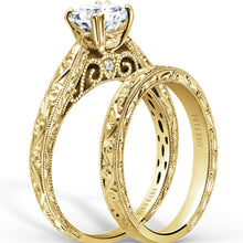 Load image into Gallery viewer, Kirk Kara Yellow Gold &quot;Stella&quot; Scroll Engraved Milgrain Engagement Ring Set Angled Side View
