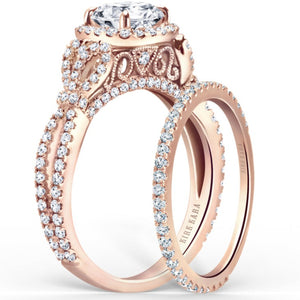 Kirk Kara Rose Gold "Mini-Pirouetta" Halo Diamond Engagement Ring Set Angled Side View