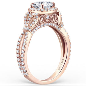 Kirk Kara Rose Gold "Mini-Pirouetta" Halo Diamond Engagement Ring Angled Side View
