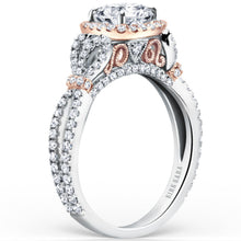 Load image into Gallery viewer, Kirk Kara White &amp; Rose Gold &quot;Mini-Pirouetta&quot; Halo Diamond Engagement Ring Angled Side View
