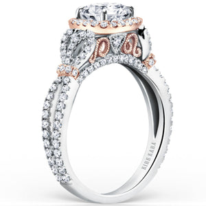 Kirk Kara White & Rose Gold "Mini-Pirouetta" Halo Diamond Engagement Ring Angled Side View