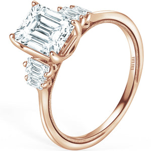 Kirk Kara Rose Gold "Stella" Five Stone Emerald and Baguette Diamond Engagement Ring Angled Side View
