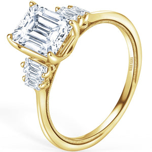Kirk Kara Yellow Gold "Stella" Five Stone Emerald and Baguette Diamond Engagement Ring Angled Side View