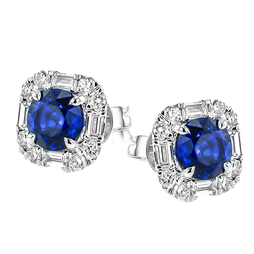 Simon G. LE4771 blue sapphire and diamond halo stud earrings in white gold
