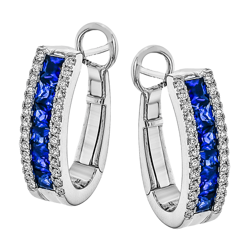 Simon G. LE4851 princess cut blue sapphire and diamond hoop earrings in white gold
