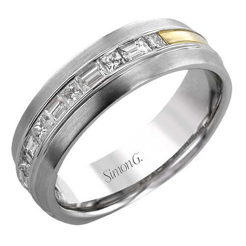 Simon G. LP2200 men's baguette and princess cut diamond wedding band in white and yellow gold