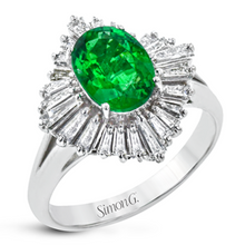 Load image into Gallery viewer, Simon G. Oval Emerald &amp; Tapered Diamond Baguette Halo Ballerina Ring
