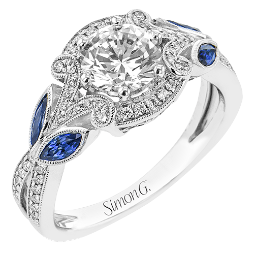 Simon G. LR2868 vintage style sapphire and diamond halo engagement ring in white gold