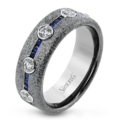 Simon G. LR3055 men's textured grey gold wedding band with bezel set diamonds and blue sapphires