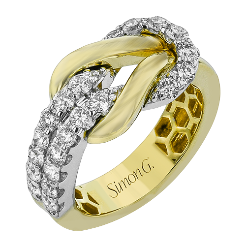Simon G. LR5034 two-tone stirrup diamond right hand ring in yellow and white gold