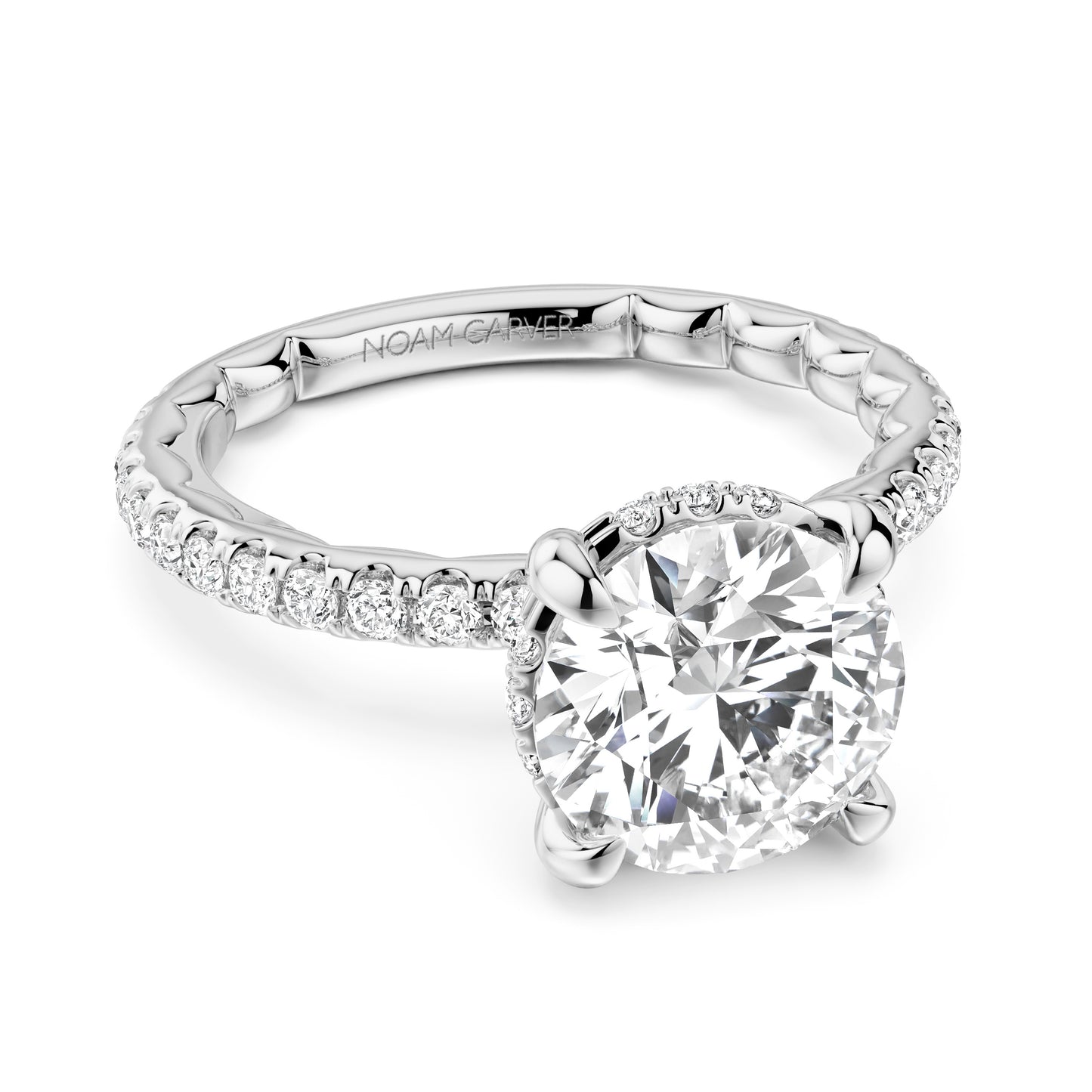 Noam Carver White Gold Luna Round Cut Hidden Halo Side Prong Set Diamond Engagement Ring- 1.8mm Shank 
