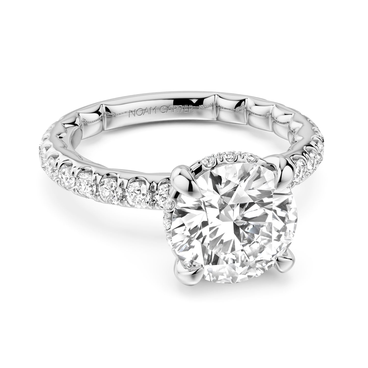Noam Carver White Gold Luna Round Cut Hidden Halo Side Prong Set Diamond Engagement Ring- 2.2mm Shank 